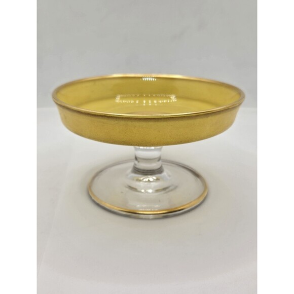 Yellow Depression Glass Pedestal Cheese Compote 4.75" Gold Edging Candy/Nut Dish - Picture 3 of 16